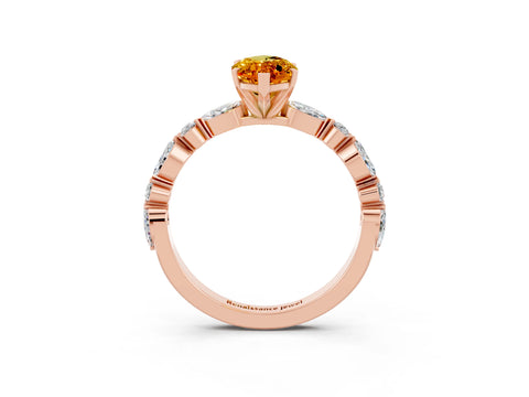 Rose gold Marquise Cut Citrine Solitaire with Side Stones on a Pavé Band and Four-Prong Setting_3