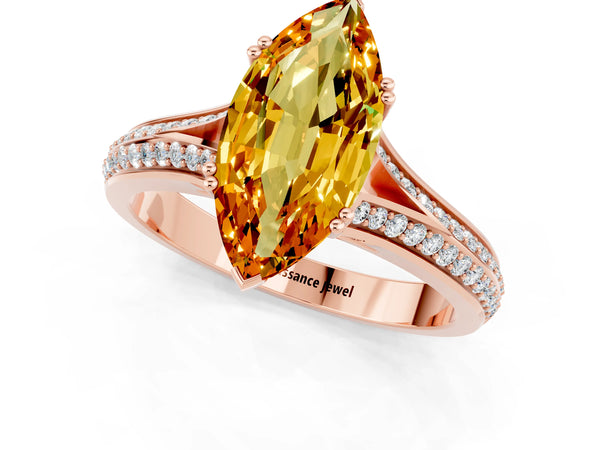 Rose gold Marquise Cut Citrine Split Shank Engagement Ring with Pavé Band