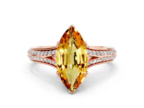 Rose gold Marquise Cut Citrine Split Shank Engagement Ring with Pavé Band