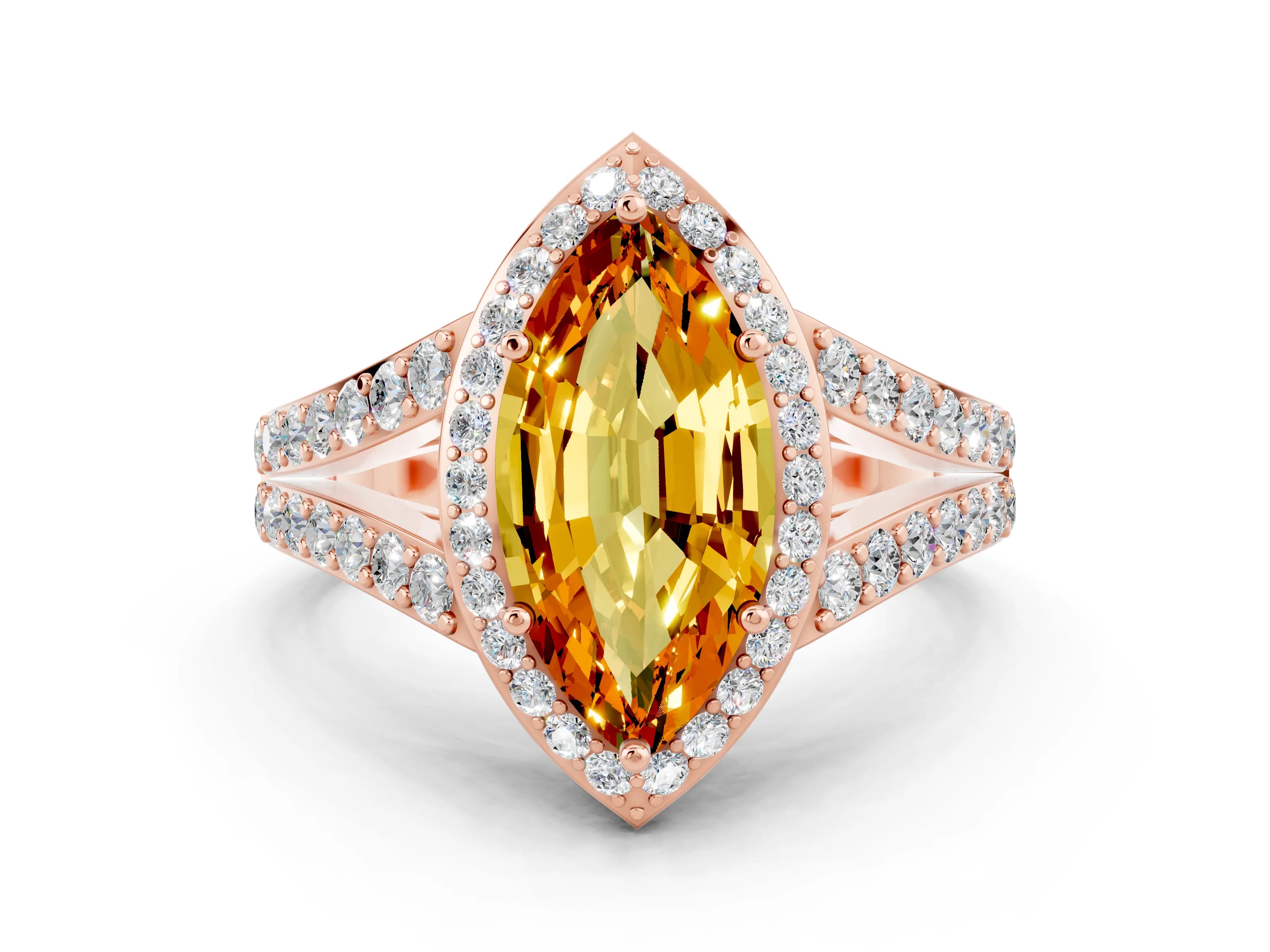 Rose gold Marquise Cut Citrine Split Shank Halo Ring with Four-Prong Setting_12