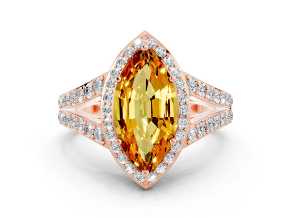 Rose gold Marquise Cut Citrine Split Shank Halo Ring with Four-Prong Setting