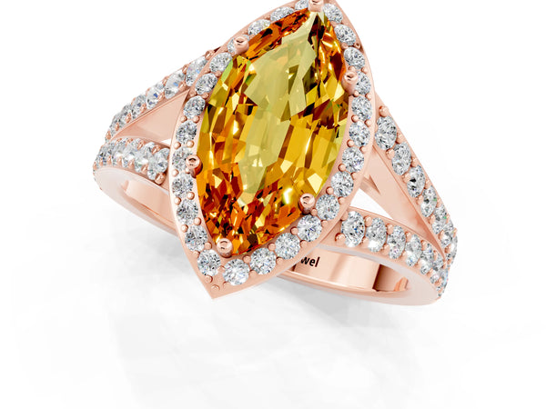 Rose gold Marquise Cut Citrine Split Shank Halo Ring with Four-Prong Setting