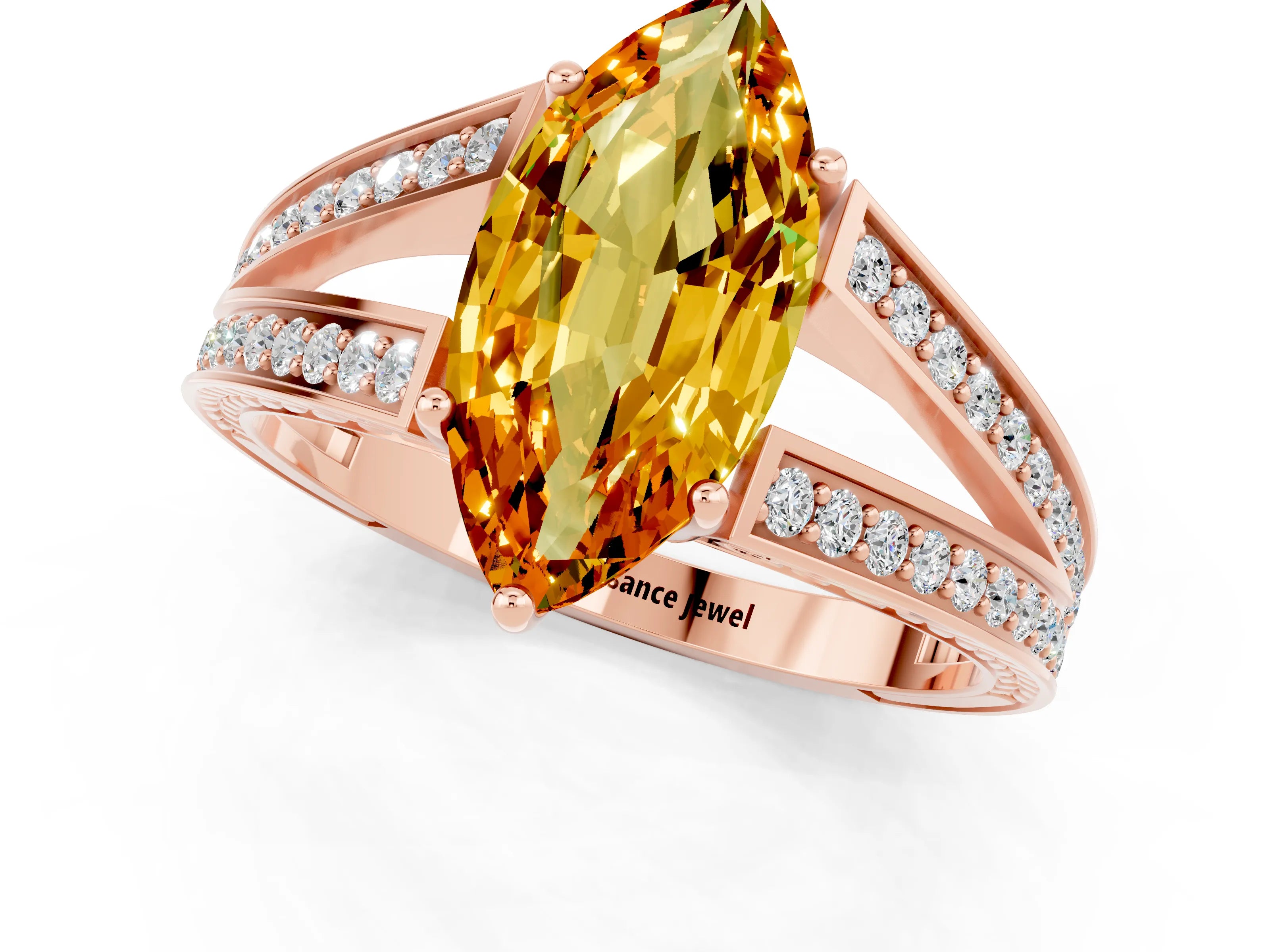 Rose gold Marquise Cut Citrine Split Shank Ring with Pavé Band and Four-Prong Setting_1