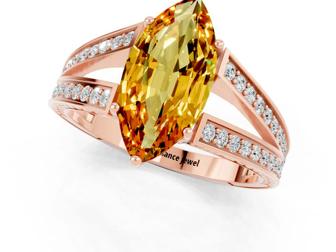 Rose gold Marquise Cut Citrine Split Shank Ring with Pavé Band and Four-Prong Setting_1