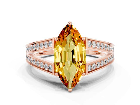 Rose gold Marquise Cut Citrine Split Shank Ring with Pavé Band and Four-Prong Setting