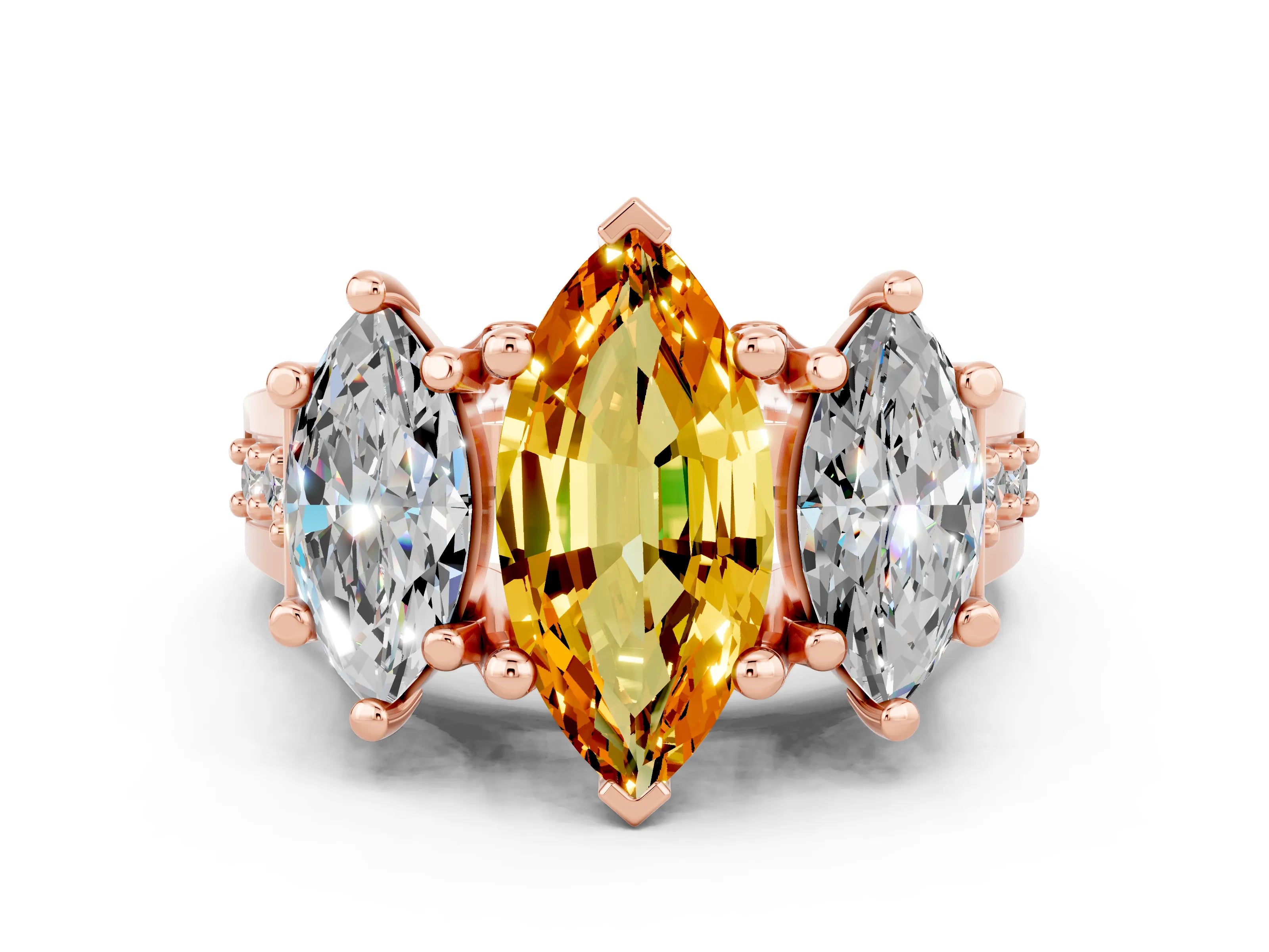 Rose gold Marquise Cut Citrine Three-Stone Ring with Channel Set Band and Four-Prong Setting
