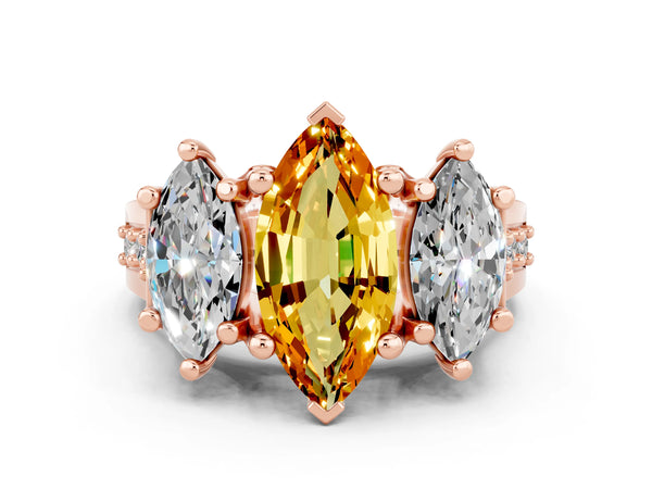 Rose gold Marquise Cut Citrine Three-Stone Ring with Channel Set Band and Four-Prong Setting