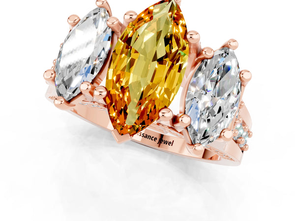 Rose gold Marquise Cut Citrine Three-Stone Ring with Channel Set Band and Four-Prong Setting