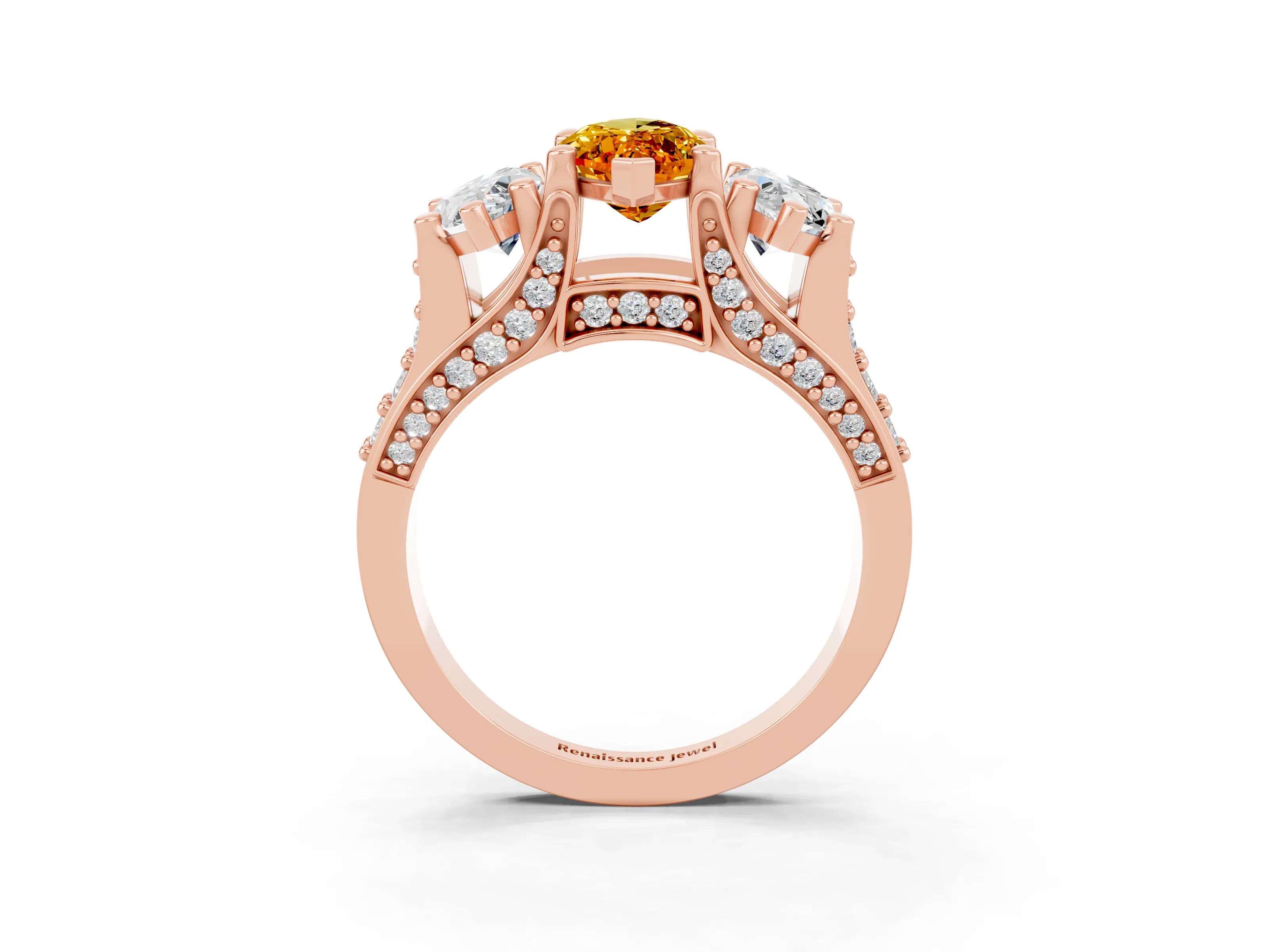 Rose gold Marquise Cut Citrine Three-Stone Ring with Channel Set Band and Four-Prong Setting_3