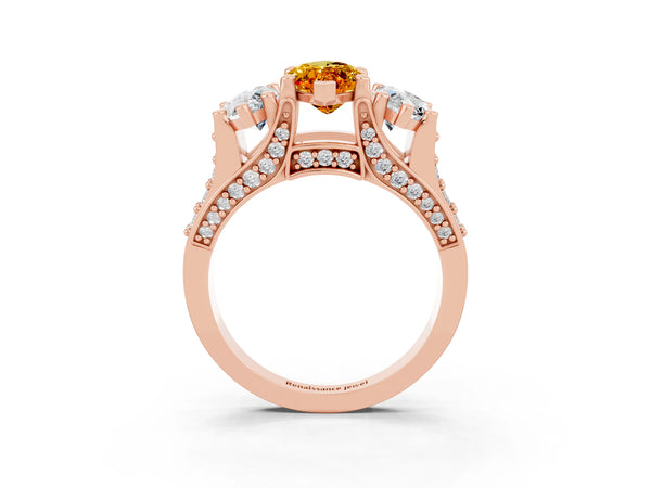 Rose gold Marquise Cut Citrine Three-Stone Ring with Channel Set Band and Four-Prong Setting