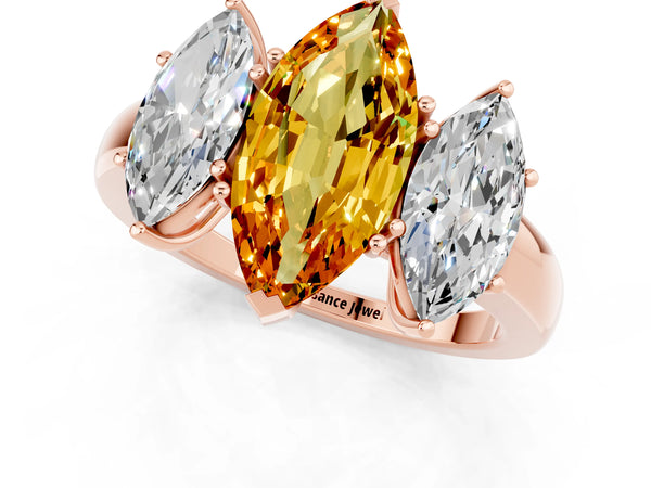 Rose gold Marquise Cut Citrine Three-Stone Ring with Four-Prong Setting and Classic Band