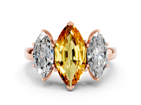 Rose gold Marquise Cut Citrine Three-Stone Ring with Four-Prong Setting and Classic Band