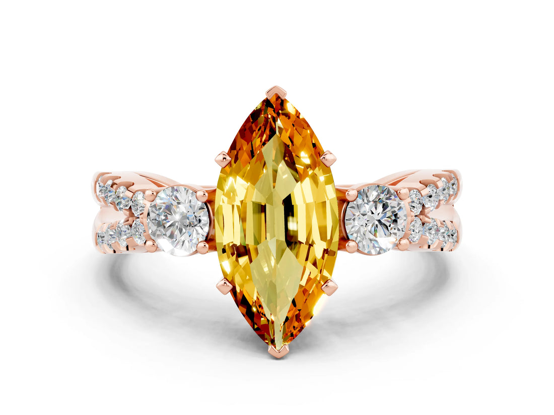 Rose gold Marquise Cut Citrine Three-Stone Ring with Pavé Split Shank and Four-Prong Setting_12