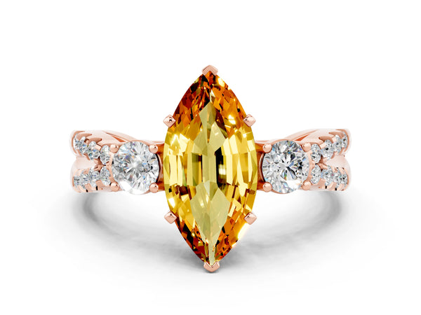 Rose gold Marquise Cut Citrine Three-Stone Ring with Pavé Split Shank and Four-Prong Setting