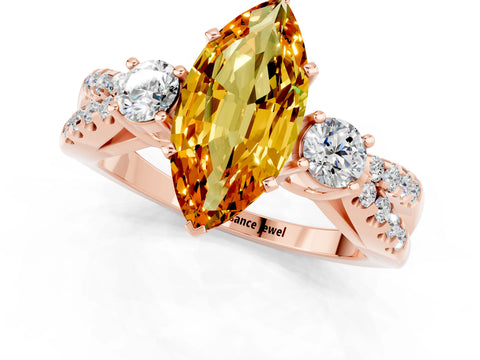 Rose gold Marquise Cut Citrine Three-Stone Ring with Pavé Split Shank and Four-Prong Setting_13