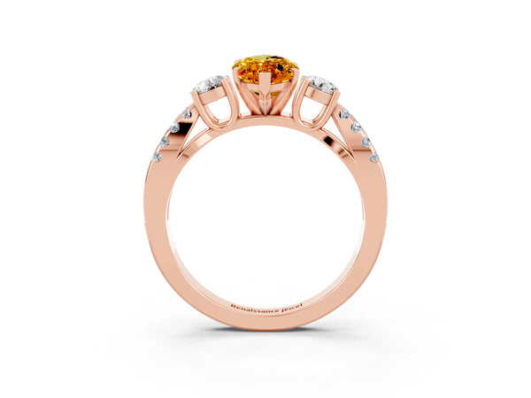 Rose gold Marquise Cut Citrine Three-Stone Ring with Pavé Split Shank and Four-Prong Setting