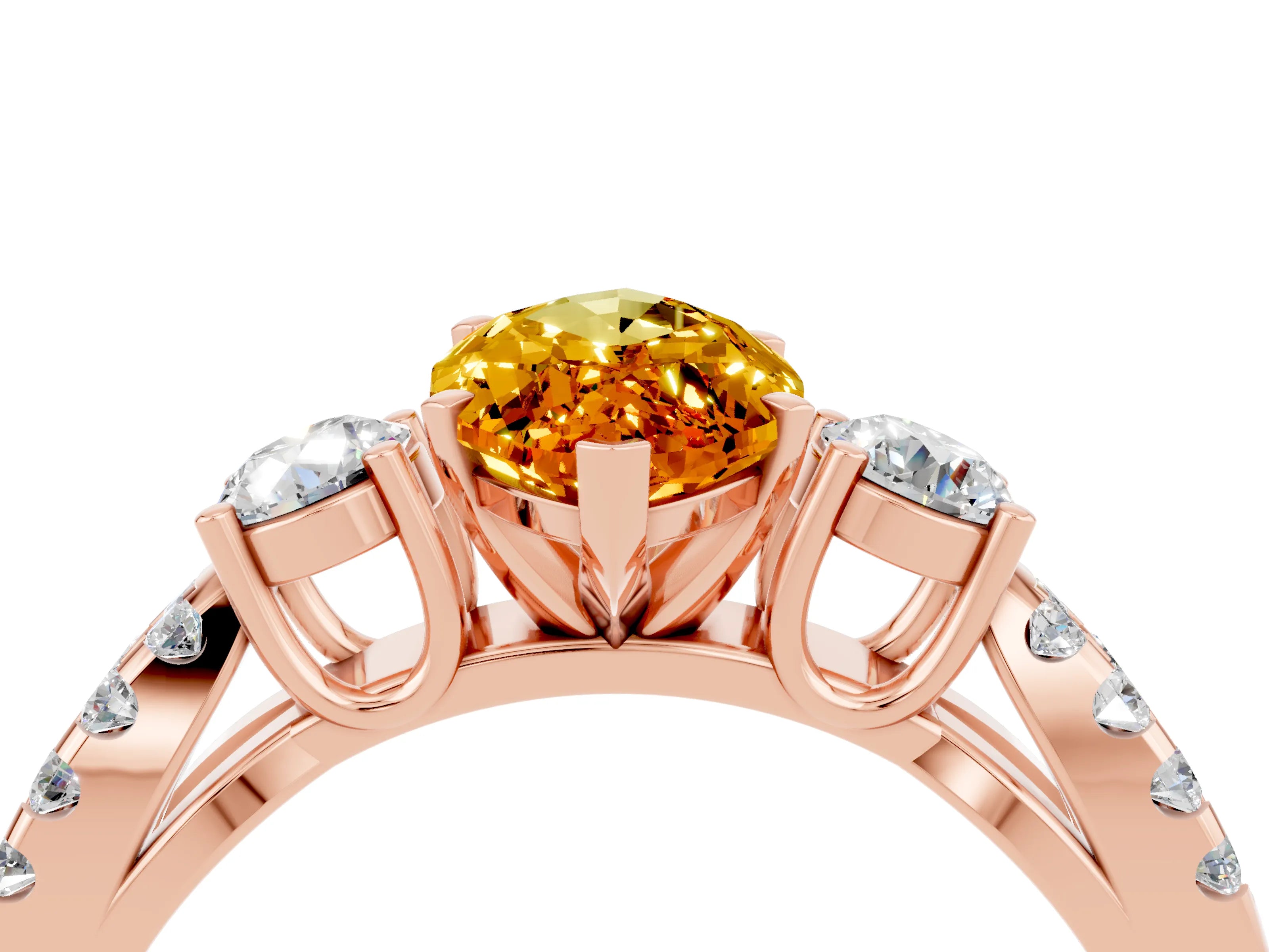 Rose gold Marquise Cut Citrine Three-Stone Ring with Pavé Split Shank and Four-Prong Setting_16