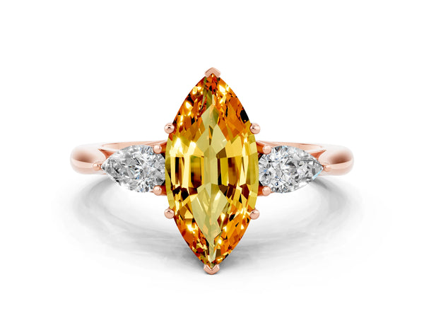 Rose gold Marquise Cut Citrine Three-Stone Ring with Pear  Side Stones and Prong Setting