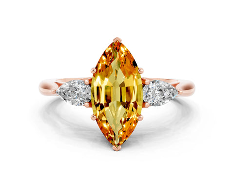 Rose gold Marquise Cut Citrine Three-Stone Ring with Pear Side Stones and Four-Prong Setting_12