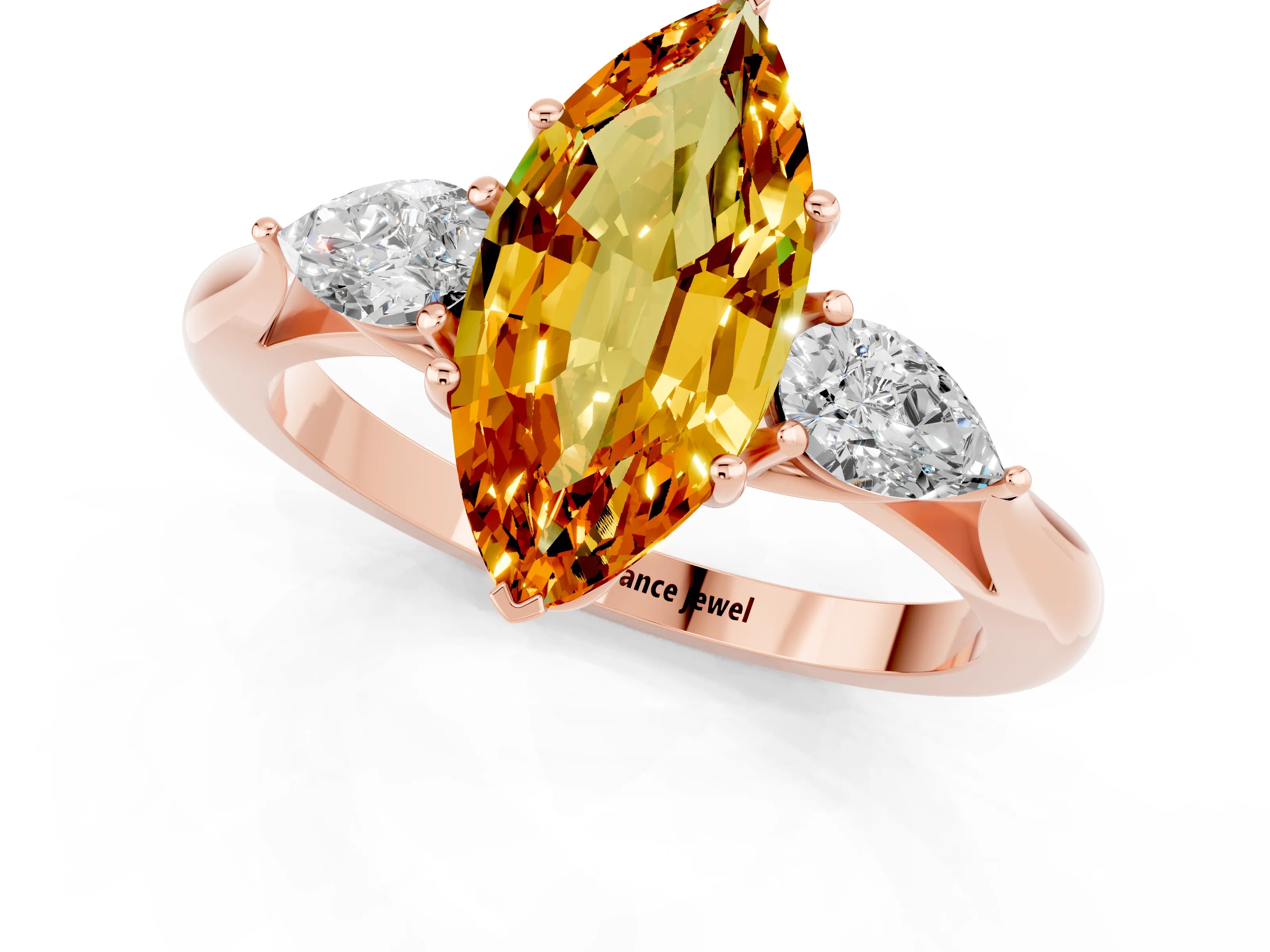 Rose gold Marquise Cut Citrine Three-Stone Ring with Pear Side Stones and Four-Prong Setting_13