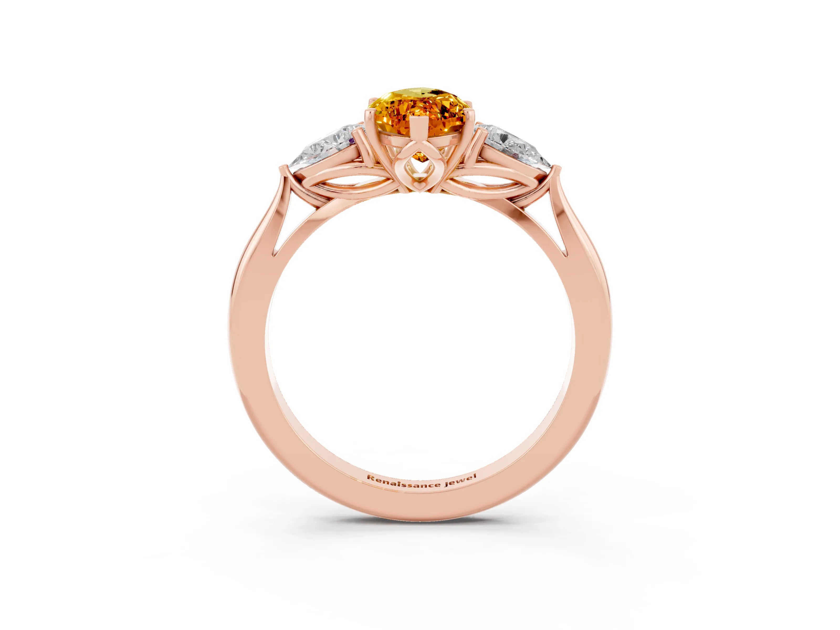 Rose gold Marquise Cut Citrine Three-Stone Ring with Pear Side Stones and Four-Prong Setting_15