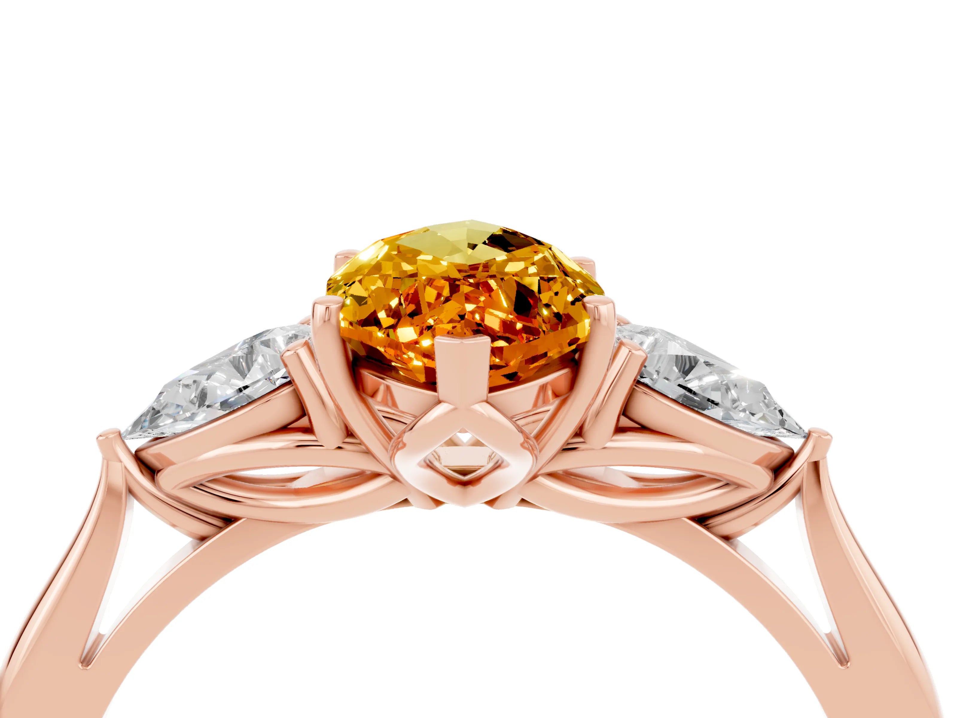 Rose gold Marquise Cut Citrine Three-Stone Ring with Pear Side Stones and Four-Prong Setting_16