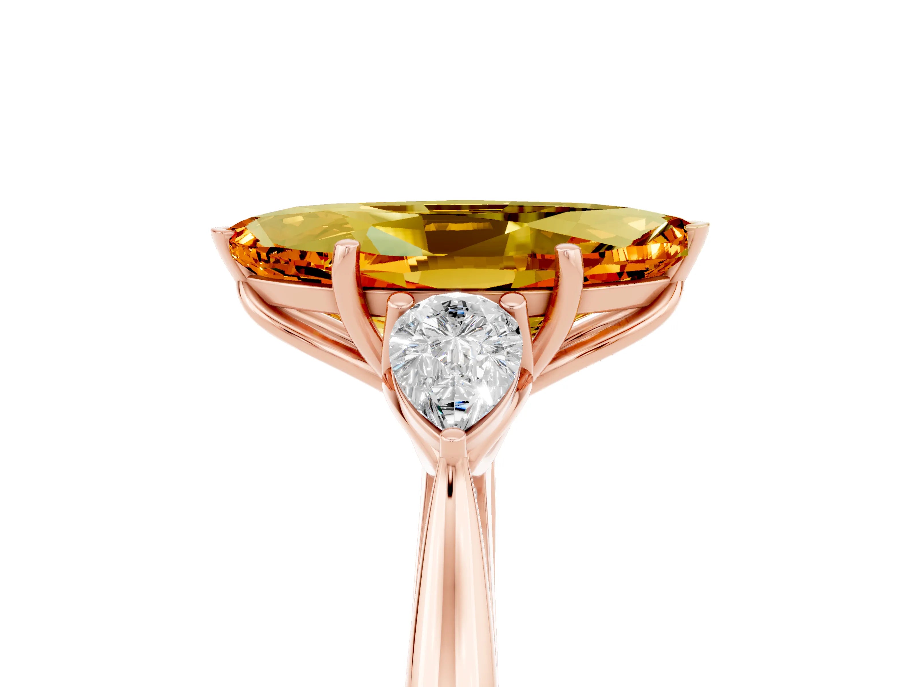 Rose gold Marquise Cut Citrine Three-Stone Ring with Pear Side Stones and Four-Prong Setting_17