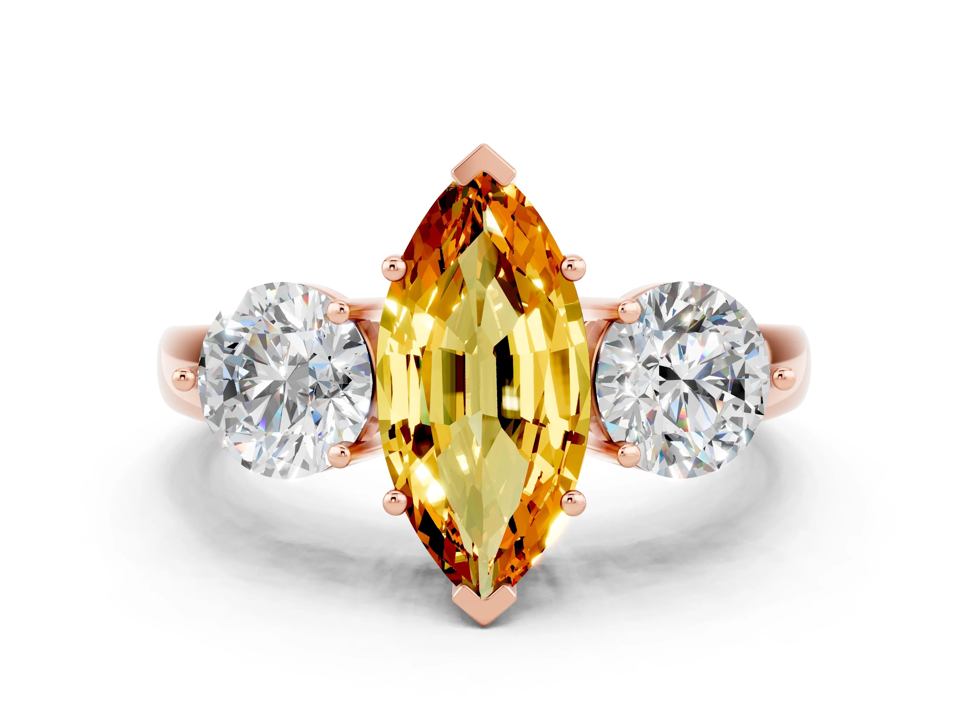 Rose gold Marquise Cut Citrine Three-Stone Ring with Prong Setting and Classic Band
