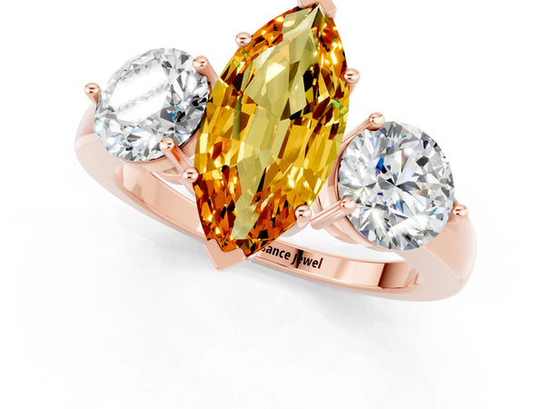 Rose gold Marquise Cut Citrine Three-Stone Ring with Prong Setting and Classic Band