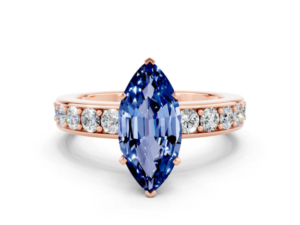 Rose gold Marquise Cut Blue Sapphire Engagement Ring with Channel Set Round  Band and Prong Setting