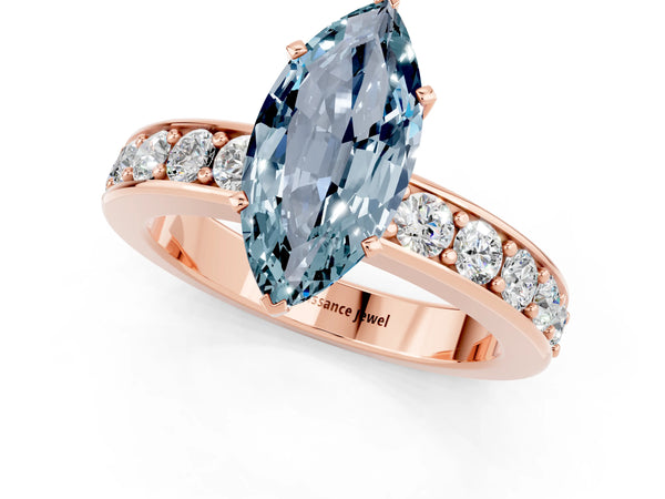Rose gold Marquise Cut Aquamarine Engagement Ring with Channel Set Round  Band and Prong Setting