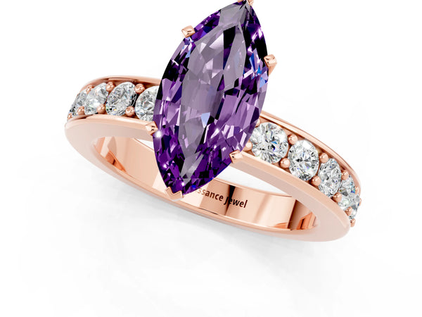 Rose gold Marquise Cut Amethyst Engagement Ring with Channel Set Round  Band and Prong Setting