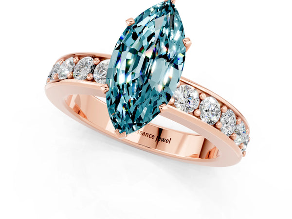 Rose gold Marquise Cut Blue Topaz Engagement Ring with Channel Set Round  Band and Prong Setting