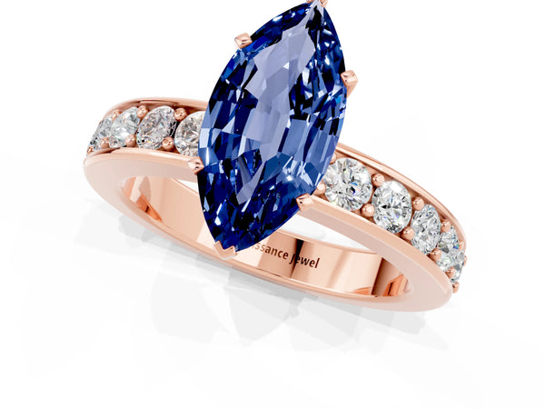 Rose gold Marquise Cut Blue Sapphire Engagement Ring with Channel Set Round  Band and Prong Setting