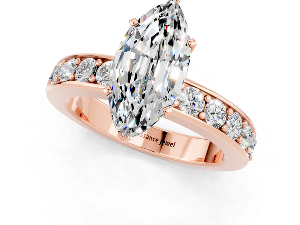 Rose gold Marquise Cut Moissanite Engagement Ring with Channel Set Round  Band and Prong Setting