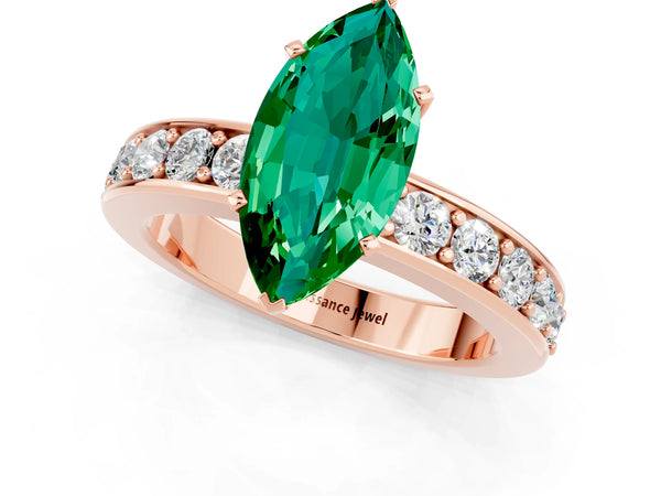 Rose gold Marquise Cut Emerald Engagement Ring with Channel Set Round  Band and Prong Setting
