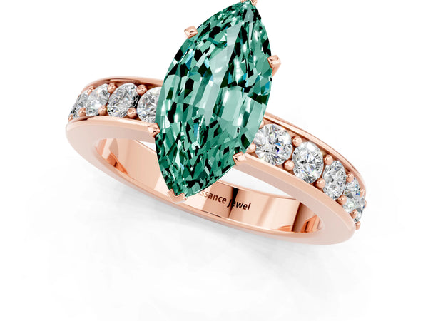 Rose gold Marquise Cut Green Sapphire Engagement Ring with Channel Set Round  Band and Prong Setting
