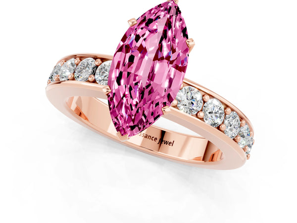 Rose gold Marquise Cut Pink Sapphire Engagement Ring with Channel Set Round  Band and Prong Setting