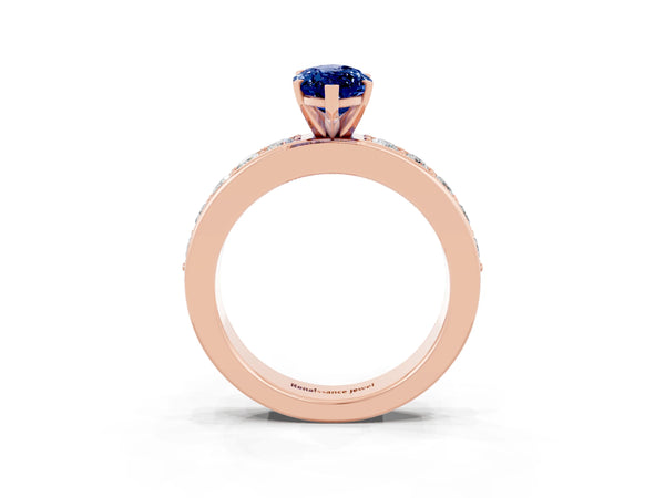 Rose gold Marquise Cut Blue Sapphire Engagement Ring with Channel Set Round  Band and Prong Setting