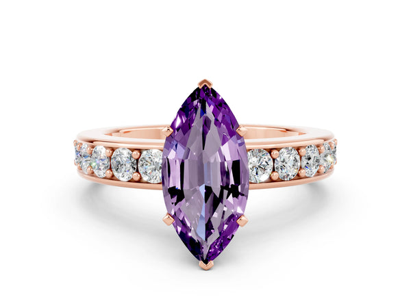 Rose gold Marquise Cut Amethyst Engagement Ring with Channel Set Round  Band and Prong Setting