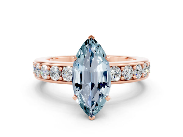 Rose gold Marquise Cut Aquamarine Engagement Ring with Channel Set Round  Band and Prong Setting