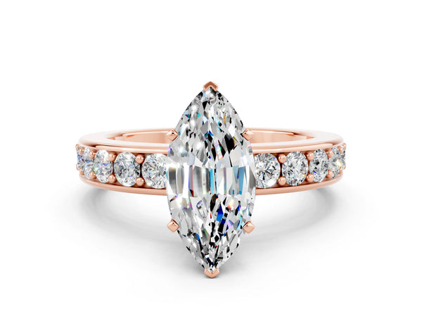 Rose gold Marquise Cut Moissanite Engagement Ring with Channel Set Round  Band and Prong Setting