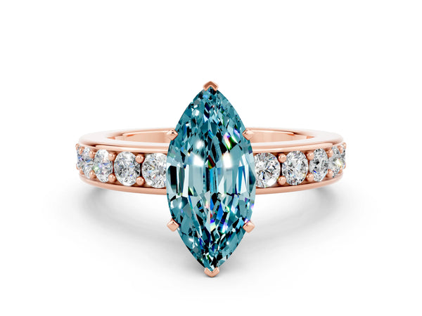 Rose gold Marquise Cut Blue Topaz Engagement Ring with Channel Set Round  Band and Prong Setting
