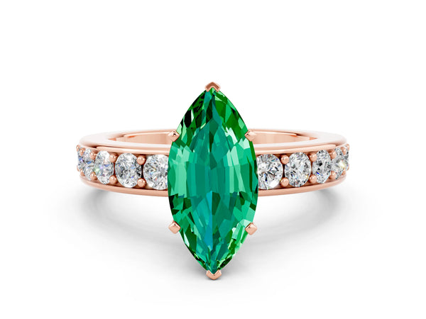 Rose gold Marquise Cut Emerald Engagement Ring with Channel Set Round  Band and Prong Setting