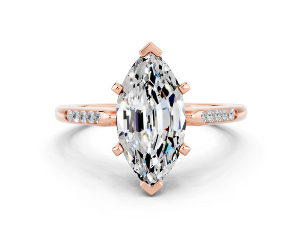 Rose gold Marquise Cut Moissanite Solitaire Ring with Channel Set Round Band and Prong Setting