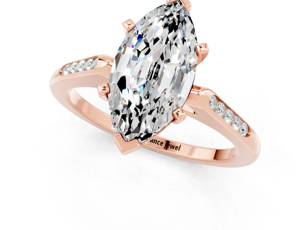 Rose gold Marquise Cut Moissanite Solitaire Ring with Channel Set Round Band and Prong Setting