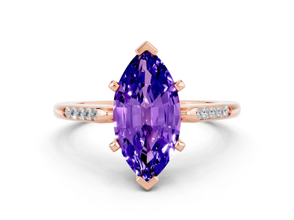 Rose gold Marquise Cut Tanzanite Solitaire Ring with Channel Set Round Band and Prong Setting