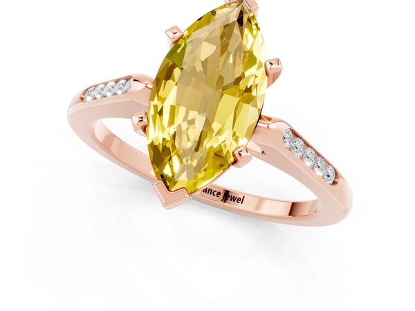 Rose gold Marquise Cut Yellow Sapphire Solitaire Ring with Channel Set Round Band and Prong Setting