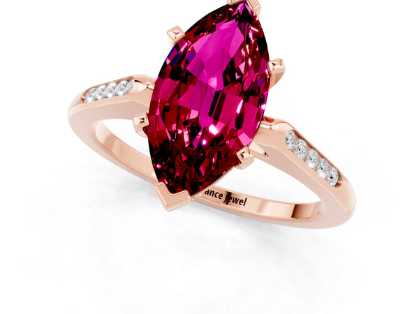 Rose gold Marquise Cut Garnet Solitaire Ring with Channel Set Round Band and Prong Setting