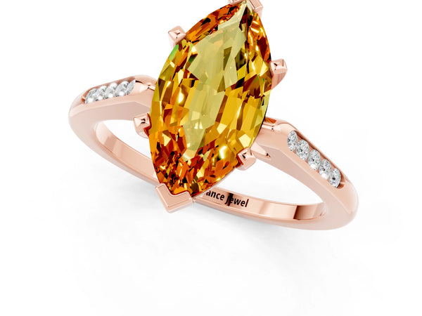 Rose gold Marquise Cut Citrine Solitaire Ring with Channel Set Round Band and Prong Setting